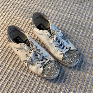 Golden Goose White Sneakers with Silver Glitter Toe & Heel